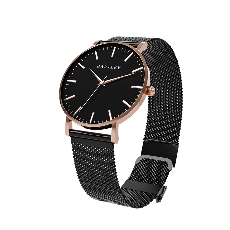 Heritage Rose Gold Black Dial with Black Leather Hartley Watches